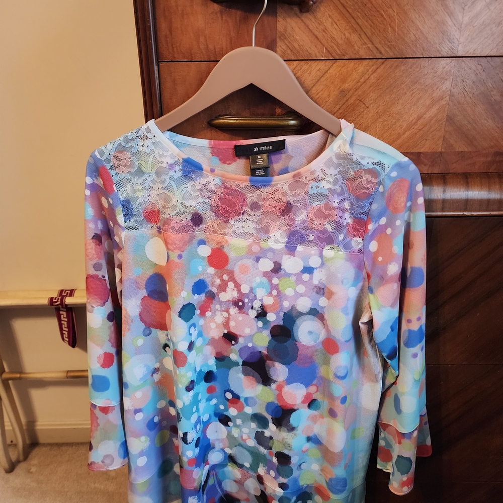 Ali Miles Pastel Multicolor Dot Lace Yoke Long Sleeve Top